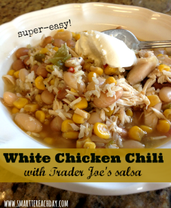 White Lightning Chili made with Trader Joe's salsa. Couldn't be easier! Healthy, and our whole family loves this dish!